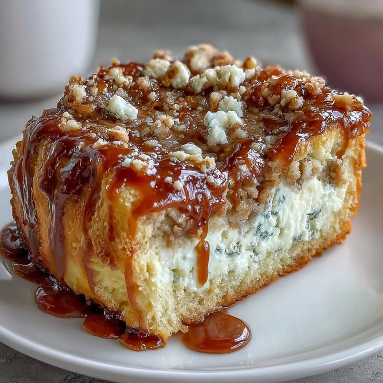 A slice of moist Caramel Cream Cheese Bread reveals a rich cream cheese filling and gooey caramel ribbons inside.