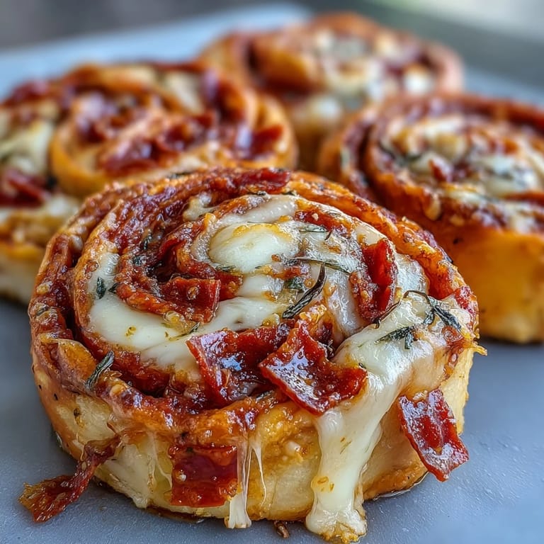 Golden tortilla pizza rolls spiral open on a marble counter, showing bubbling mozzarella and pepperoni.