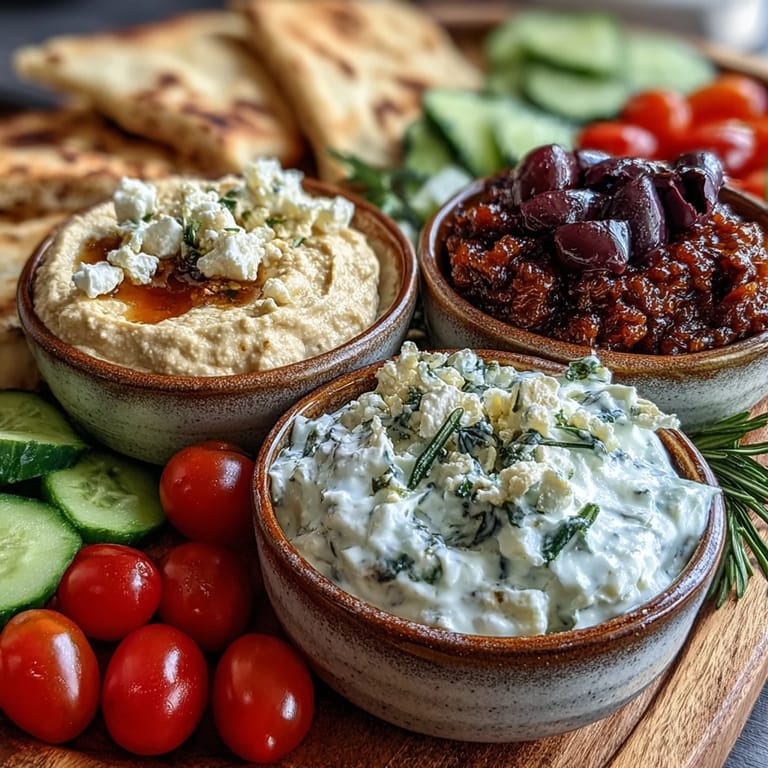 Colorful Mediterranean brunch board featuring dips like baba ganoush and tzatziki, plus olives, feta, and cherry tomatoes arranged for sharing.