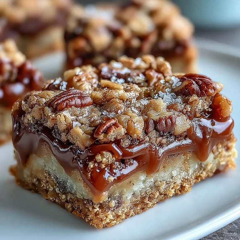 Decadent Sweet and Chewy Turtle Bars cooling on a wire rack, featuring a crumbly caramel topping.