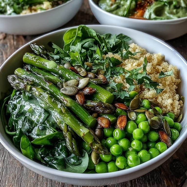 Overhead view of Spring Green Bowl, a wholesome vegetarian meal with colorful spring produce, fluffy grains, and a light lemon dressing, perfect for lunch.