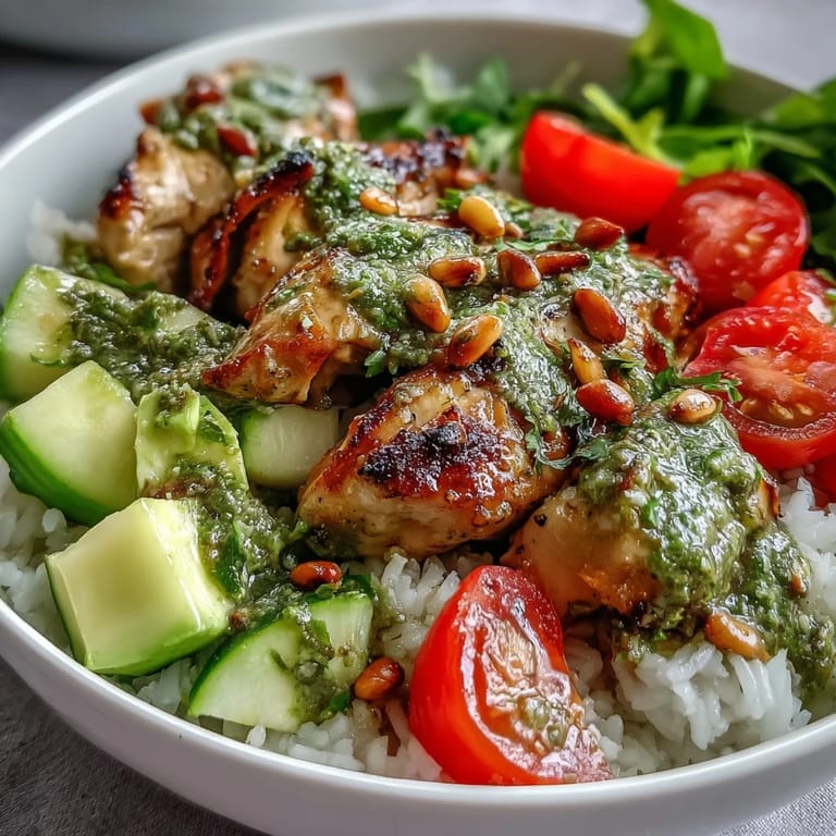 Savory Pesto Chicken Bowl with juicy chicken, colorful veggies, and pine nuts, arranged in a white bowl on a rustic wooden table.