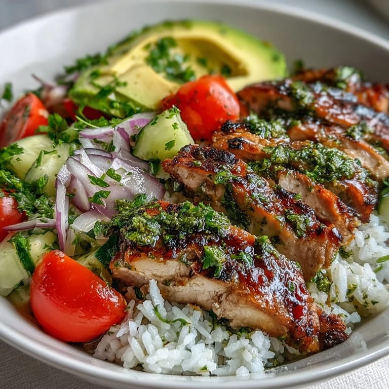 Serving suggestion for chimichurri chicken bowl with lime wedges, red onion, and fluffy rice base.