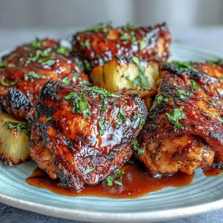 Savory Guava BBQ Sauce Chicken served alongside grilled pineapple rings and fluffy white rice for a tropical meal.