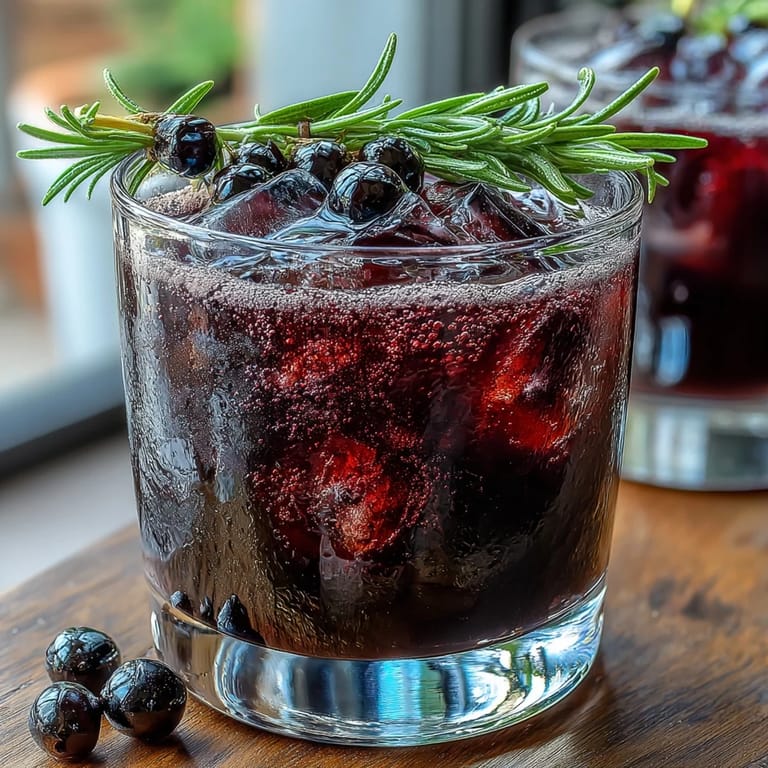 Shimmering ice cubes fill the rocks glass with the tart Black Currant Rosemary Cocktail, complete with a vibrant lemon twist garnish.