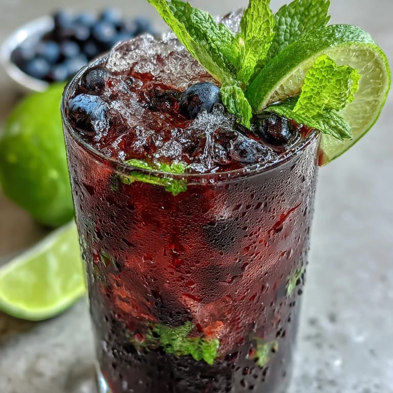 Freshly muddled mint and lime wedges sit at the bottom of a glass next to a spoonful of black currant jam.