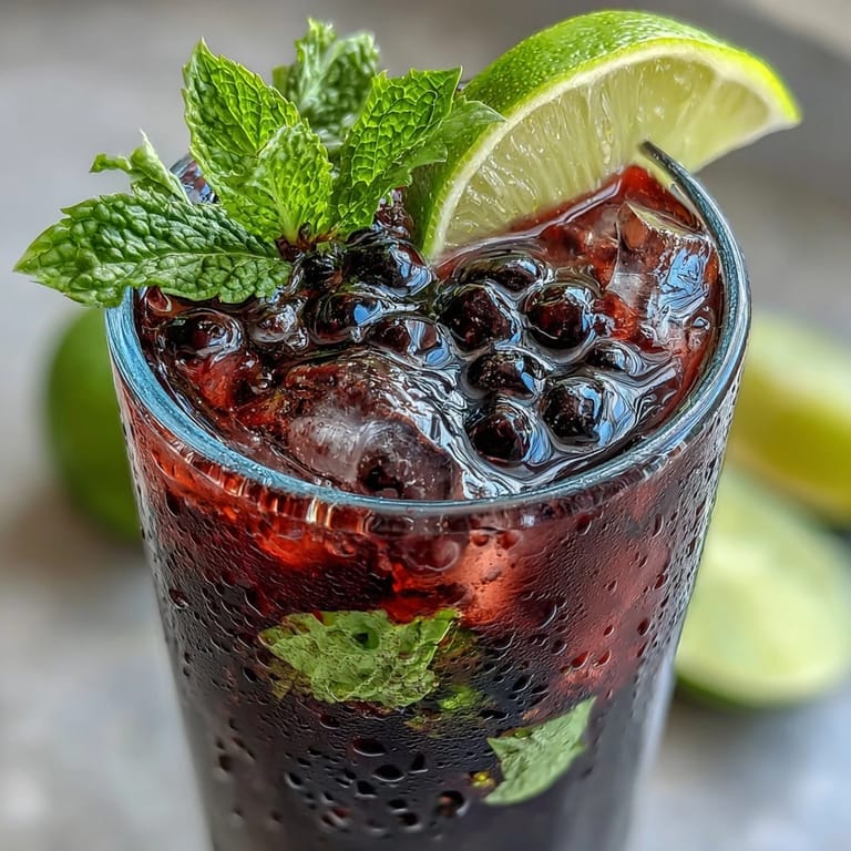 A refreshing Black Currant Mojito garnished with a fresh mint sprig and lime wheel, ready to serve on a sunny patio.