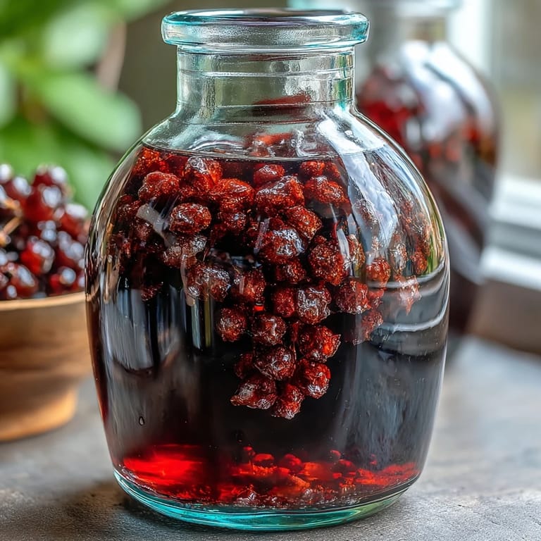 Close-up of homemade Blackcurrant Vodka Liqueur steeping in a jar, showing berry infusion next to vodka and sugar.