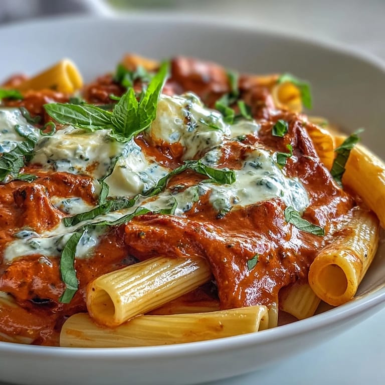 Close-up of Creamy Red Pepper Pasta with Burrata & Herbs, steam rising, basil garnish, and a fork ready to scoop creamy cheese.