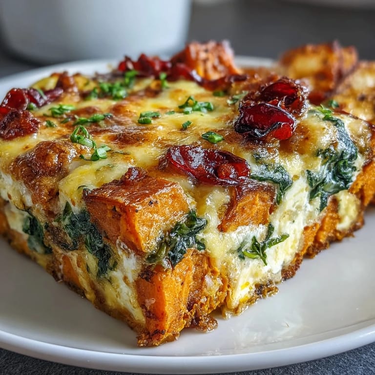 Savory Easy Sweet Potato Egg Casserole served warm for breakfast alongside fresh arugula salad.