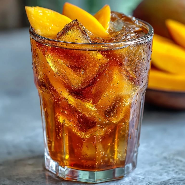 A tall glass of Mango Iced Tea filled with ice and a slice of ripe mango, perfect for a summer party.