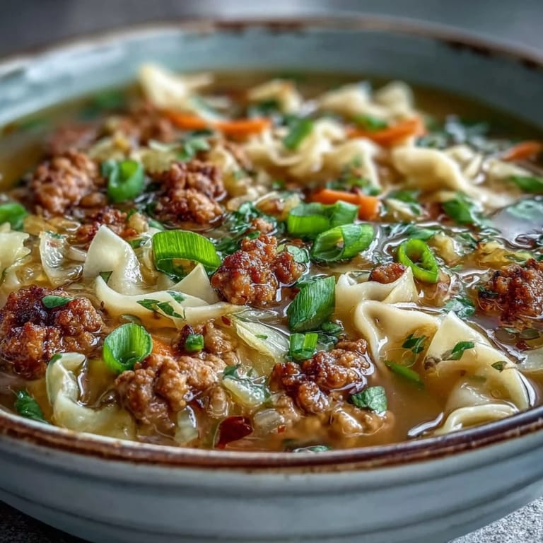 Close-up of One-Pot Egg Roll Soup with Green Onions and Ginger, showcasing tender ground pork, shredded cabbage, and carrots in a savory, steaming broth.