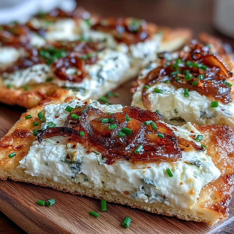 Rustic Goat Cheese & Caramelized Onion Flatbread served on a wooden board with chili flakes and honey.