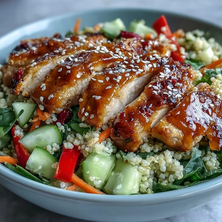 Fresh herbs and toasted sesame seeds garnish a colorful Sesame Ginger Chicken Couscous Bowl served with lime wedges.