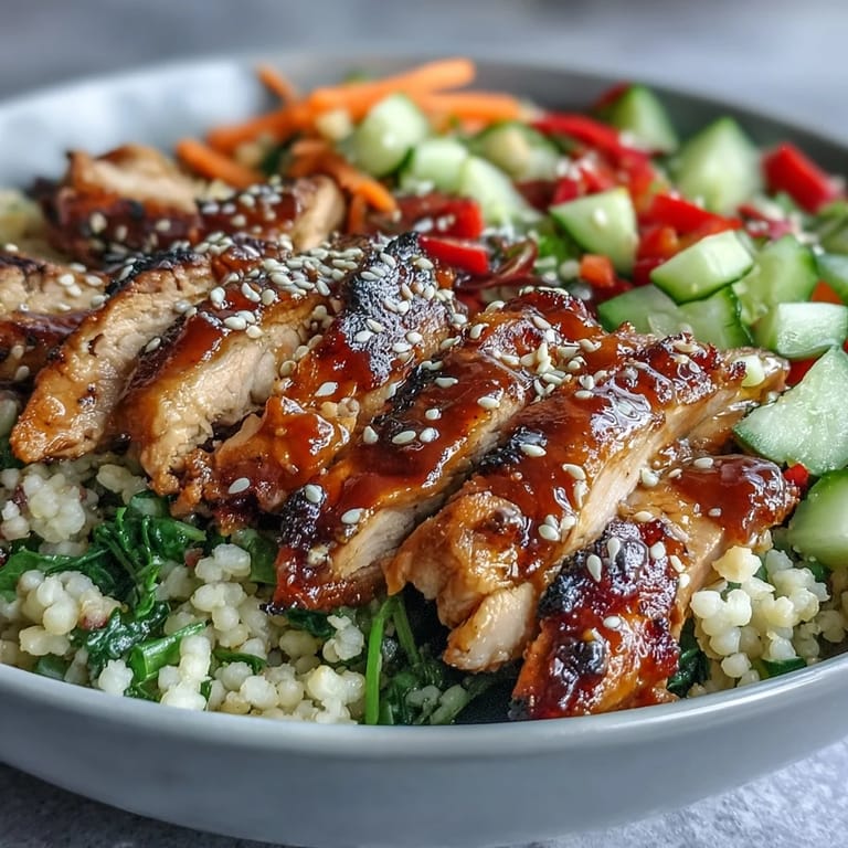 Tender chicken and crunchy vegetables are tossed in a tangy dressing inside a warm Sesame Ginger Chicken Couscous Bowl.
