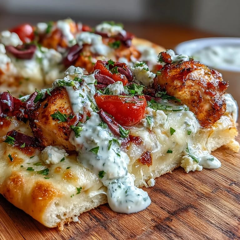 Slices of Lemon Feta Chicken Naan Pizza rest on a rustic board, showcasing melted mozzarella, vibrant vegetables, and creamy Greek-inspired toppings.