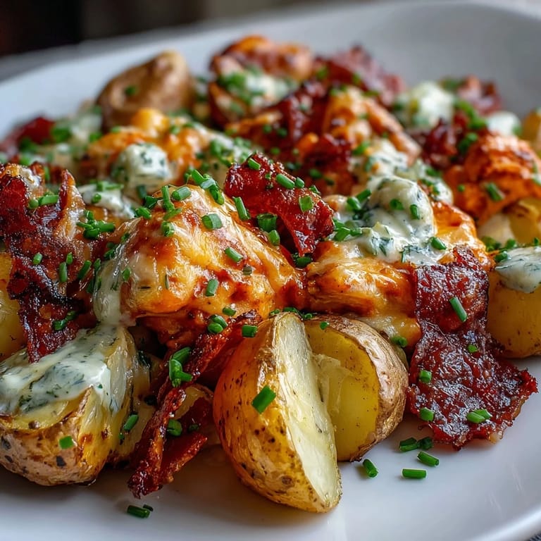 Close-up of melted cheddar cheese and a drizzle of ranch dressing over the savory Buffalo Ranch Chicken Potato Bake, served hot.