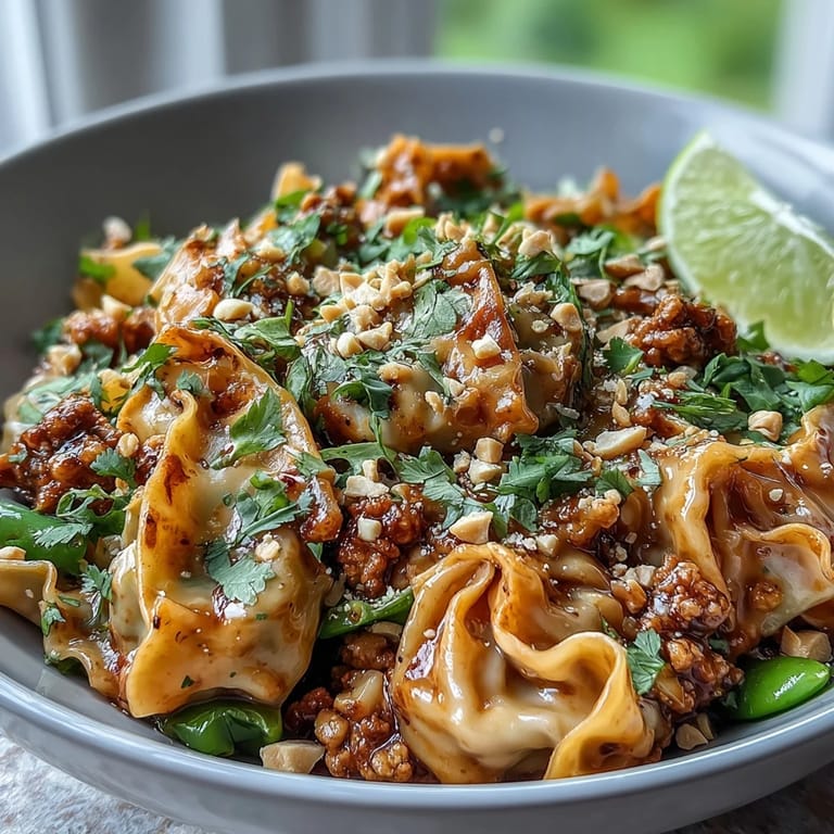 Garnished Creamy Thai-Inspired Peanut Noodle Bowls with lime wedges, fresh cilantro, and chopped roasted peanuts served in a ceramic bowl.