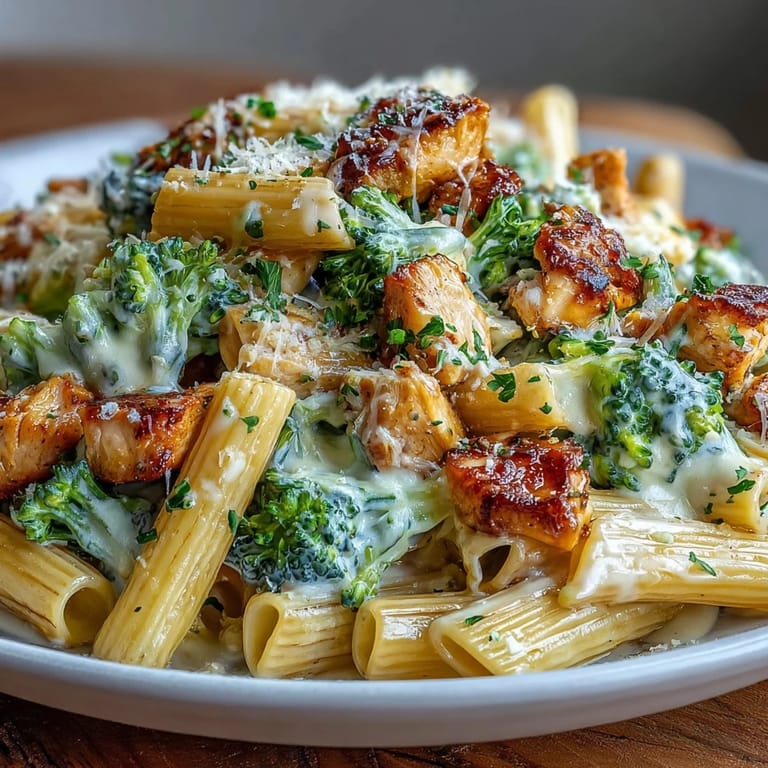 Steam rises from tender chicken and bright green broccoli florets in the creamy pasta.
