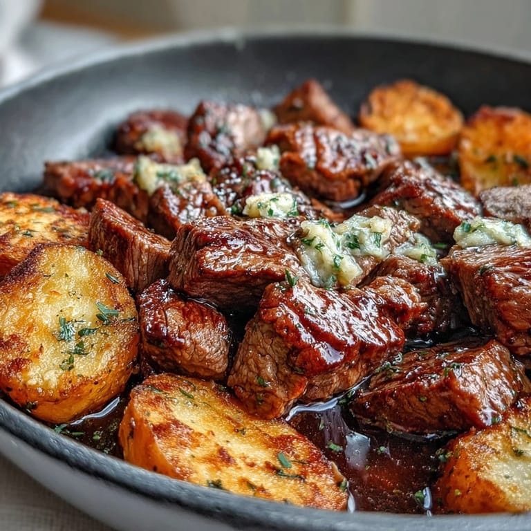 In a rustic setting, this Garlic Butter Steak & Potato Skillet highlights juicy steak and crispy potatoes.