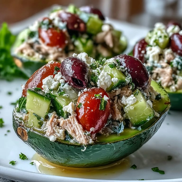 A close-up of Mediterranean tuna salad stuffed avocado, garnished with crumbled feta and fresh parsley.