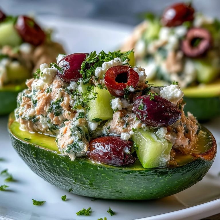 Colorful Mediterranean tuna salad stuffed into creamy avocado halves, perfect for a healthy light lunch or appetizer.
