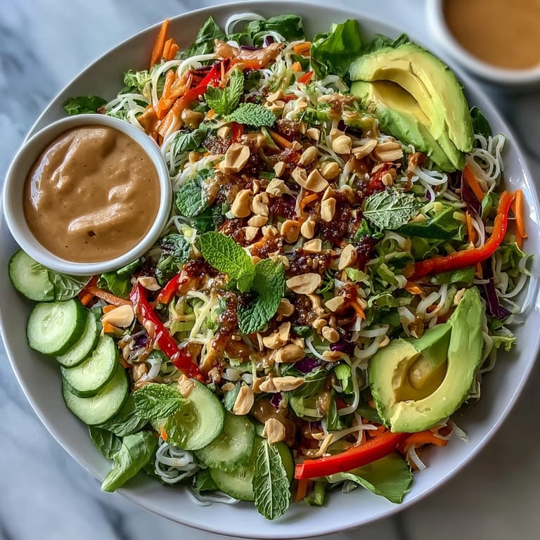 Bright Vietnamese-inspired Vegan Spring Roll Salad topped with avocado, peanuts, and a drizzle of zesty peanut dressing, perfect for lunch.