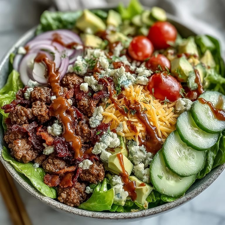 Drizzled with tangy burger sauce, the Keto Bacon Cheeseburger Salad is ready to serve with pickles.