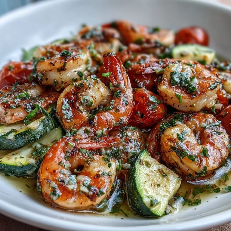 Succulent One-Pan Lemon Butter Shrimp paired with tender green zucchini slices and vibrant red cherry tomatoes.