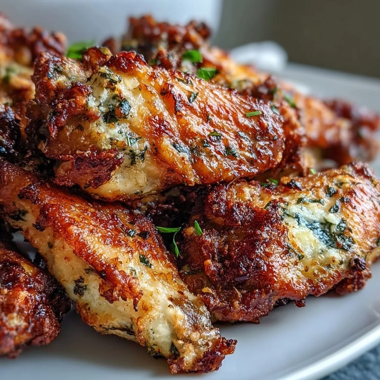 Juicy Keto Garlic Parmesan Baked Chicken wings are tossed in melted butter and garlic, served hot with celery sticks and keto ranch dip.