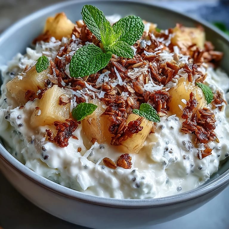 Close-up of a high-protein cottage cheese breakfast bowl, featuring juicy pineapple chunks and golden granola clusters.