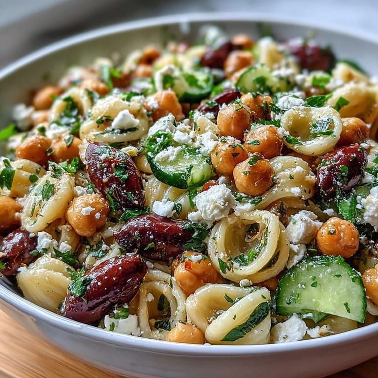 Fresh Mediterranean Chickpea Pasta Salad with Cucumber and Olives: Protein-packed pasta salad featuring tender chickpeas, crunchy cucumber, sweet cherry tomatoes, and creamy feta, all drizzled with a bright lemon-oregano vinaigrette.  