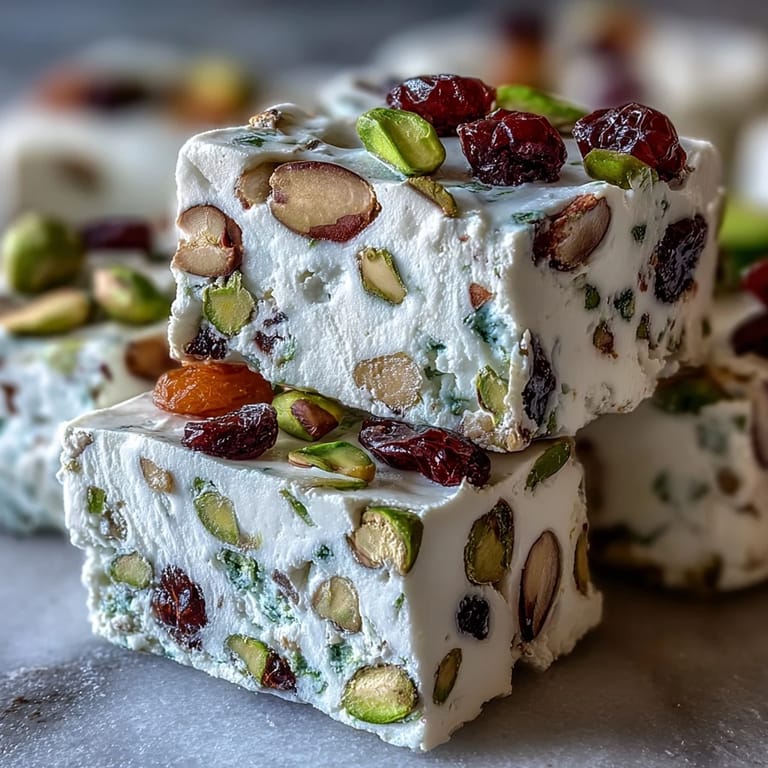 Soft and chewy pistachio nougat bars with roasted pistachios, dried apricots, and cherries, ideal for holiday dessert platters.  