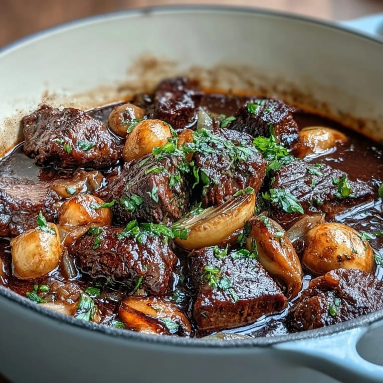 Aromatic Wild Mushroom Beef Bourguignon served with pearl onions, carrots, and a glossy, deeply flavored red wine gravy.  