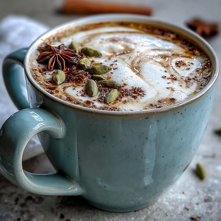 Rich and aromatic cardamom chai latte with whole spices and creamy milk, served in a rustic ceramic mug.