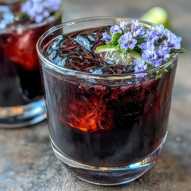 Elegant gin cocktail featuring black currant syrup, zesty lime, and edible flowers in a chilled glass.  