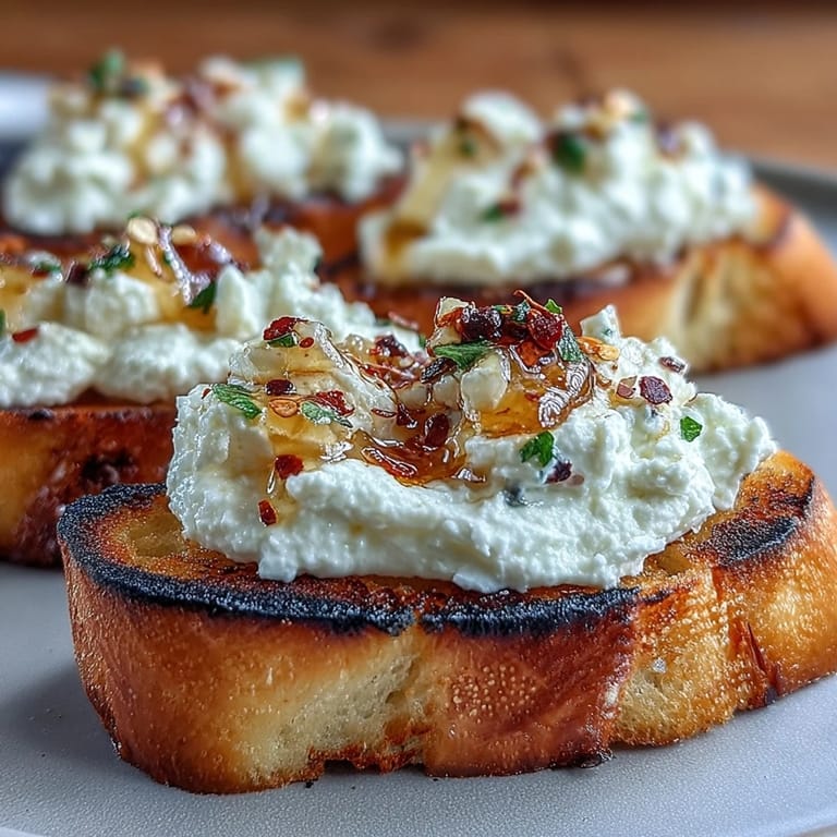 Crispy baguette slices topped with velvety whipped feta, sweet heat from hot honey, and a hint of fresh herbs.  