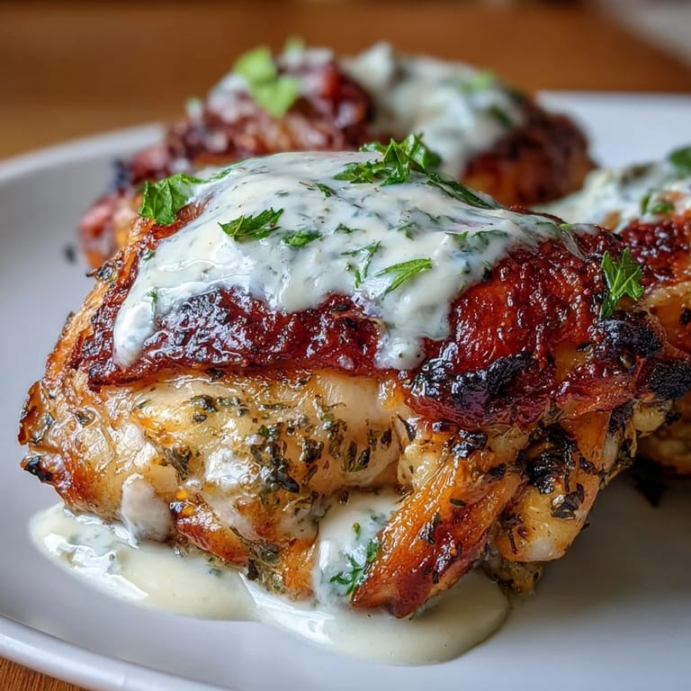 Juicy zaatar tahini chicken thighs, oven-roasted to perfection and topped with a rich, creamy tahini sauce for a vibrant dinner.