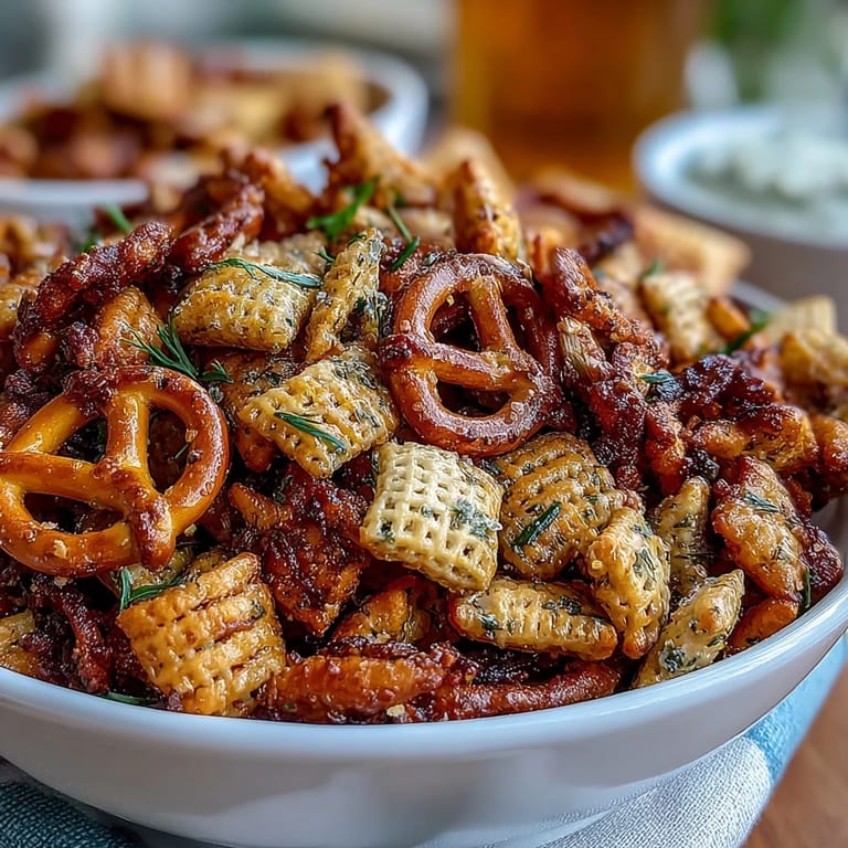 Savory Dill Pickle Chex Mix baked to golden perfection, combining crunchy cereals with bold pickle and garlic flavors.  