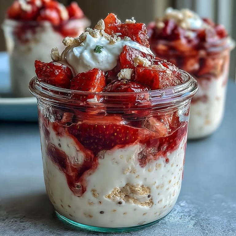 Layers of rolled oats, Greek yogurt, and juicy strawberries in a jar, evoking the taste of strawberry shortcake for busy mornings.