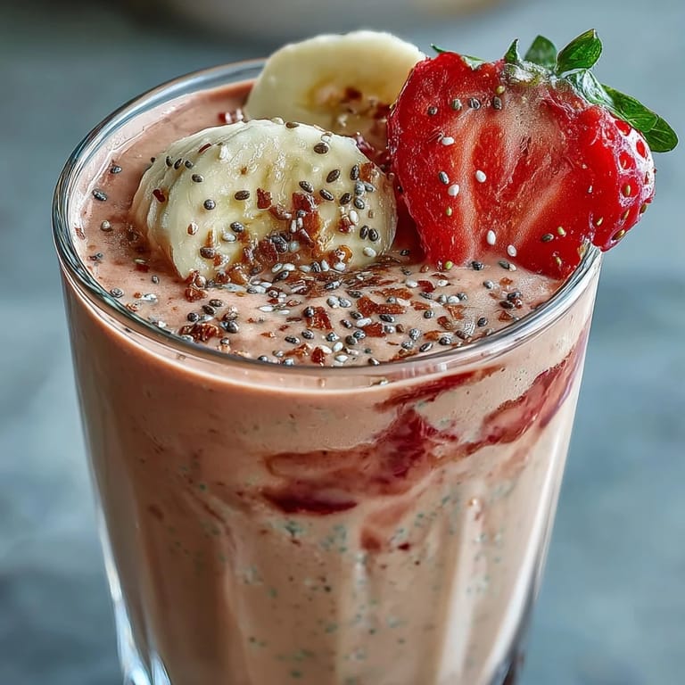 A thick, frosty strawberry banana smoothie packed with protein, chia seeds, and creamy yogurt for a satisfying drink.