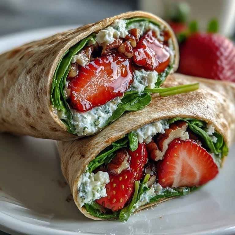 Colorful wraps filled with fresh strawberries, baby spinach, and crumbled goat cheese, topped with balsamic glaze for a sweet and savory bite.