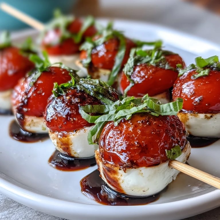 Easy Picnic Caprese Skewers featuring ripe cherry tomatoes, soft mozzarella balls, and aromatic basil, finished with a rich balsamic glaze for alfresco dining.