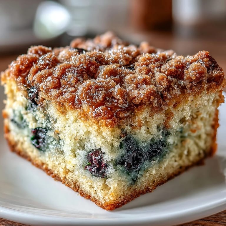 Buttery sourdough coffee cake squares bursting with blueberries and lemon, finished with a crunchy streusel topping for a delightful morning treat.