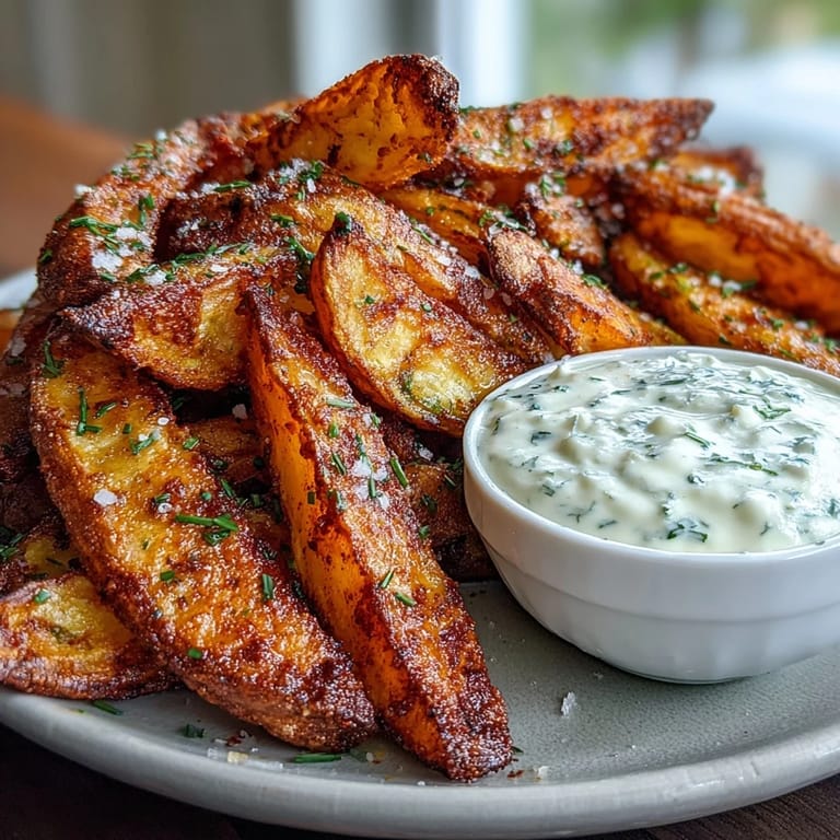 Golden sweet potato fries made in the air fryer, served hot with a tangy garlic aioli dipping sauce.