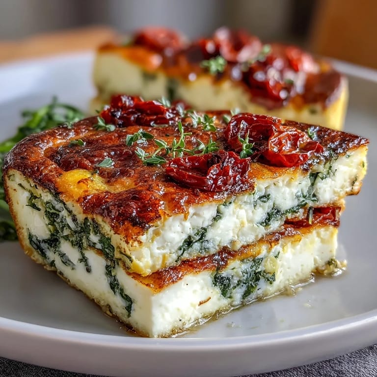 Savory baked egg dish featuring fresh spinach, tangy feta, and sweet sun-dried tomatoes for a Mediterranean brunch.