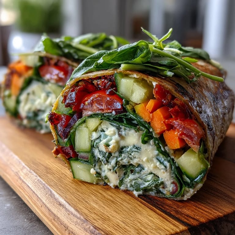 Colorful vegetable wraps featuring fresh bell peppers, carrots, and avocado, layered with hummus and wrapped in whole wheat tortillas.