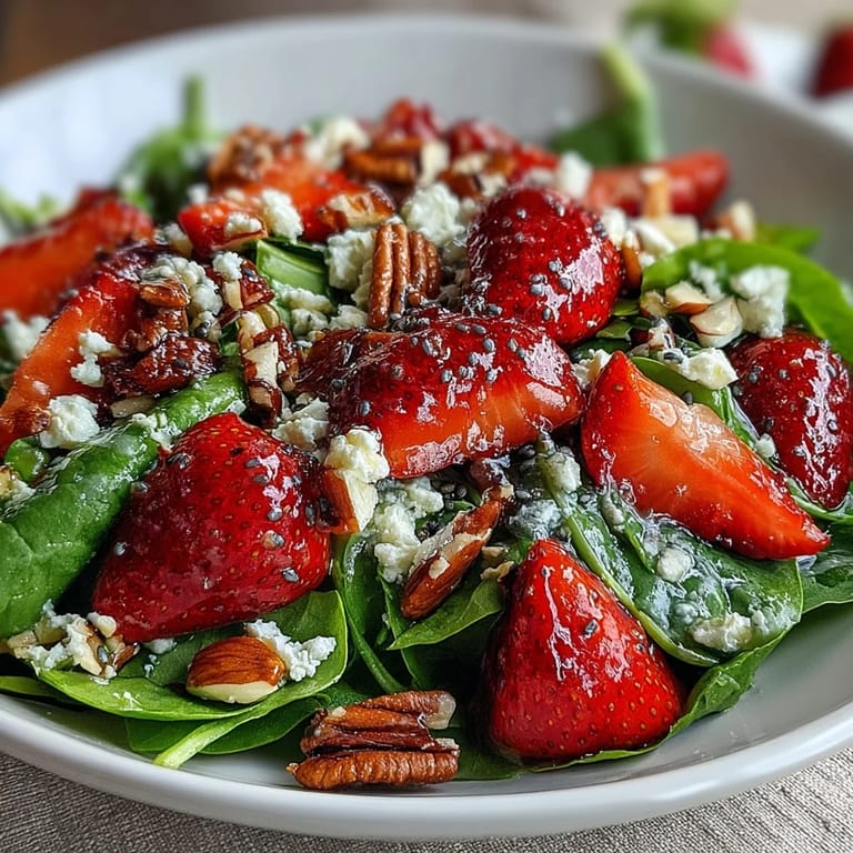 Vibrant spinach salad topped with sweet strawberries, red onion, and tangy poppyseed dressing for a refreshing summer dish.