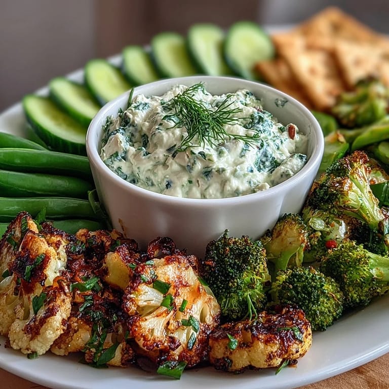 Vibrant green vegetable platter with cucumber slices, snap peas, and creamy avocado ranch dip.