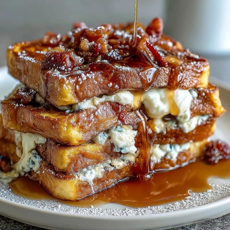 Fluffy pancake layers baked with creamy custard and juicy berries, served warm with a drizzle of maple syrup.